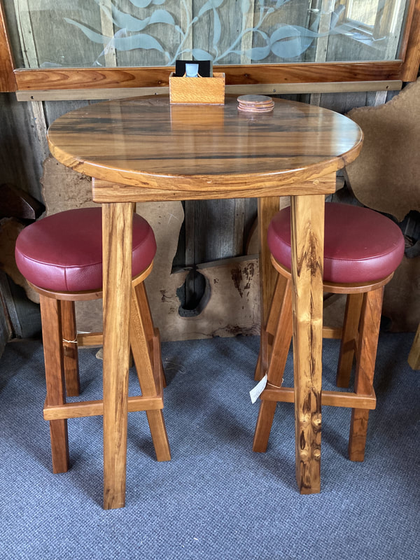 Bistro table by Bud Bogel, Hardwood and leather furniture, fine furniture, hand-mande furniture, woodworking, Santa Cruz California, DoonArt, Bonny Doon Studio Tour