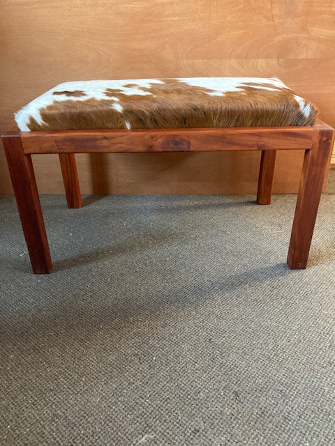 Hair-on bench by Bud Bogel, Hardwood and leather furniture, fine furniture, hand-mande furniture, woodworking, Santa Cruz California, DoonArt, Bonny Doon Studio Tour