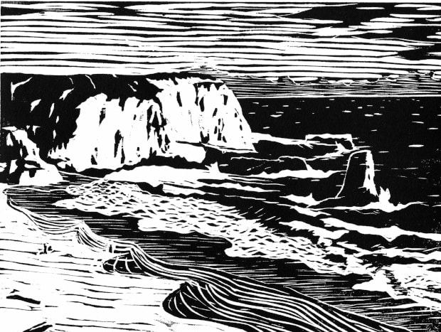 "Davenport Beach" - Woodblock print by Kim Fulton-Bennett, Kim Fulton-Bennett, woodcuts, Davenport, Santa Cruz coast, surf, waves, surfers, landscapes, DoonArt, Bonny Doon Studio Tour