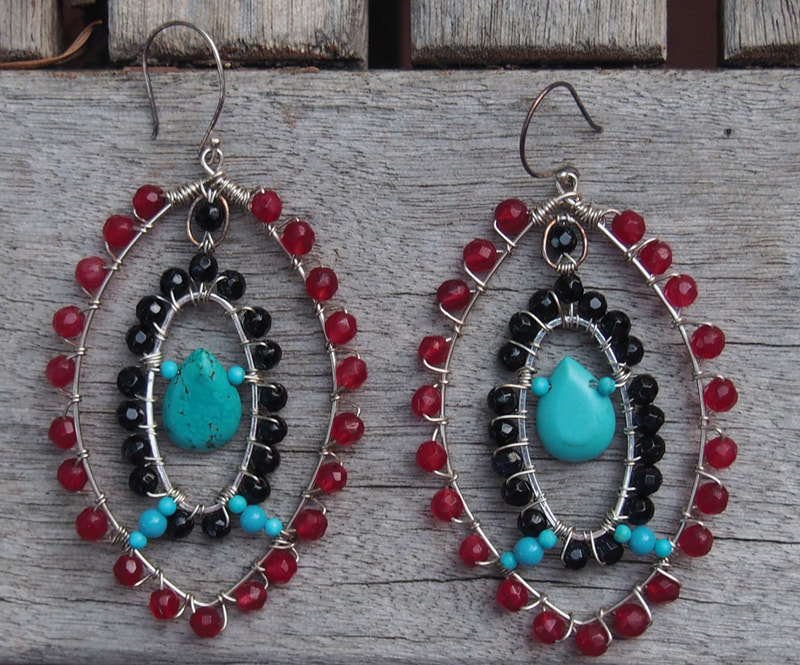 Gemstone earrings, Patty King, artist, jewelry, earrings, hand beaded, ethnic designs, gem stones, DoonArt Tour, Bonny Doon, California