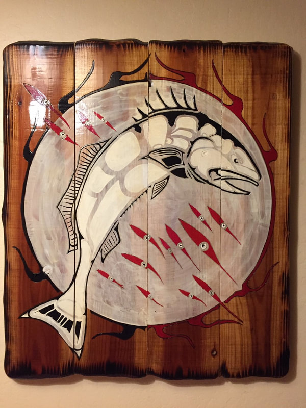 Fish, Sean Walker, artist, painter, painting on wood, totems, Aleutian theme, native, DoonArt Tour, Bonny Doon, Santa Cruz, California