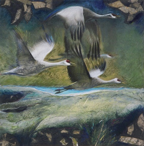 Flying birds, Ray Gwyn Smith, painter, painting, artist, mixed media, DoonArt Tour, Bonny Doon, Santa Cruz, California