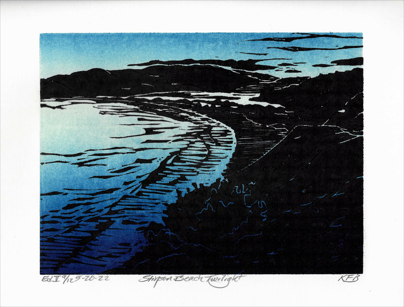 "Stinson Beach Twilight" - Woodblock print by Kim Fulton-Bennett, Kim Fulton-Bennett, woodcuts, seascapes, landscapes, DoonArt, Bonny Doon Studio Tour