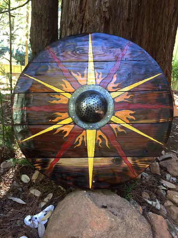Shield, Sean Walker, artist, painter, painting on wood, totems, Aleutian theme, native, DoonArt Tour, Bonny Doon, Santa Cruz, California